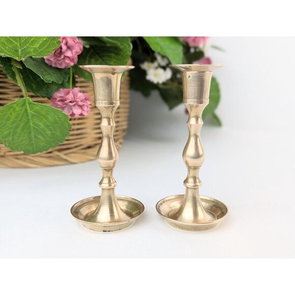 Pair of Vintage Slim Brass Candlestick Holders 4" Brass Candle Holders Set 1970s - Picture 8 of 9